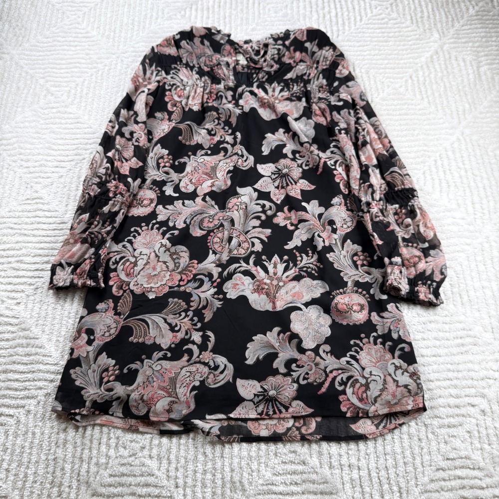 LOFT Dress Petite XXS Black Pink Floral Print Boho Sheer Sleeve Mini Brunch Date
